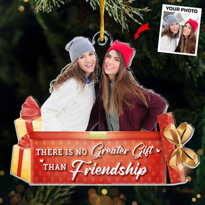 Photo personnalisée pour amis : l'esprit de Noël vit ici - Ornement personnalisé pour meilleure amie - Forme personnalisée en acrylique - Cadeau de Noël pour meilleures amies, meilleures amies, sœurs