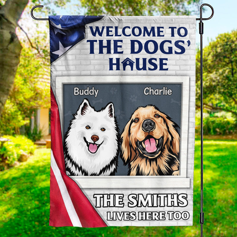 Bienvenue chez Dog's House - Drapeau patriotique personnalisé pour chien - Jour de l'Indépendance, 4 juillet, cadeau pour les propriétaires d'animaux et les amoureux des animaux