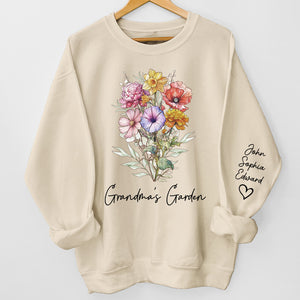 Le joli jardin de grand-mère - Sweat-shirt unisexe personnalisé avec motif sur la manche - Cadeau d'anniversaire pour maman et grand-mère