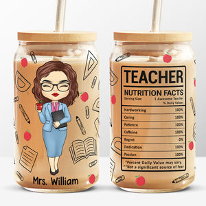 Informations nutritionnelles pour les enseignants - Tasse en verre personnalisée pour enseignants, tasse à café glacé - Cadeau pour enseignants, rentrée scolaire