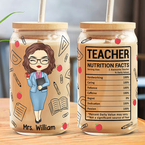 Informations nutritionnelles pour les enseignants - Tasse en verre personnalisée pour enseignants, tasse à café glacé - Cadeau pour enseignants, rentrée scolaire
