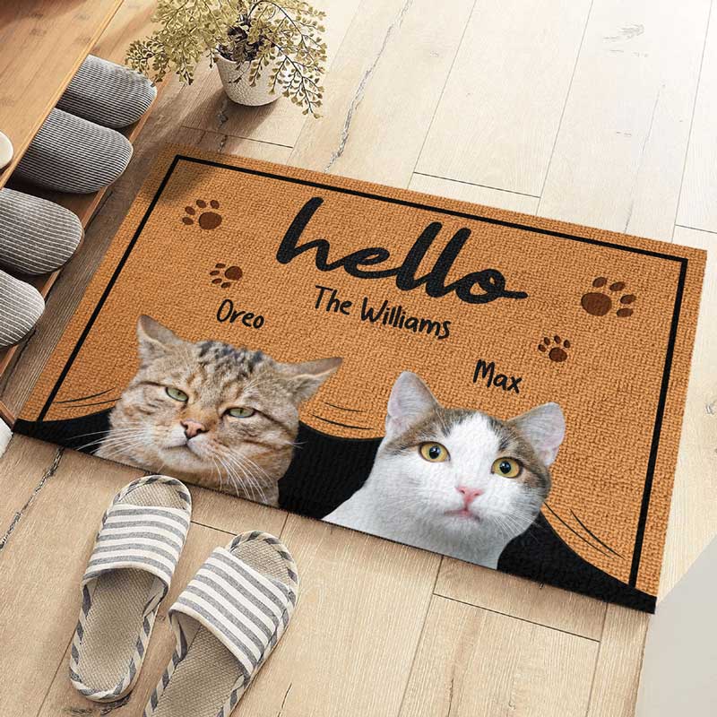 Tapis décoratif personnalisé avec photo « Bonjour, nous sommes là » pour chien et chat - Cadeau pour les propriétaires et les amoureux des animaux