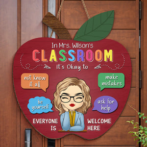 Tout le monde est le bienvenu ici - Panneau en bois rond personnalisé pour enseignant - Cadeau de pendaison de crémaillère pour enseignant, retour à l'école