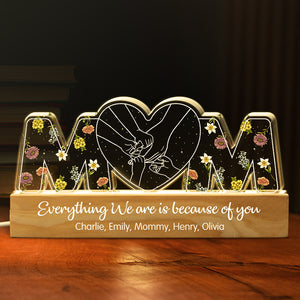Maman, tout ce que nous sommes, c'est grâce à toi - Veilleuse LED 3D personnalisée en acrylique avec lettres - Cadeau pour la fête des mères, maman, grand-mère
