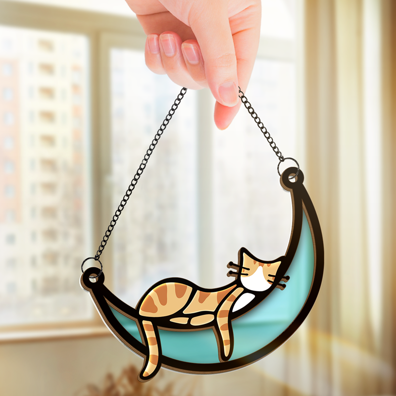 Chat paresseux - Attrape-soleil personnalisé à suspendre à une fenêtre - Cadeau pour les propriétaires et les amoureux des animaux