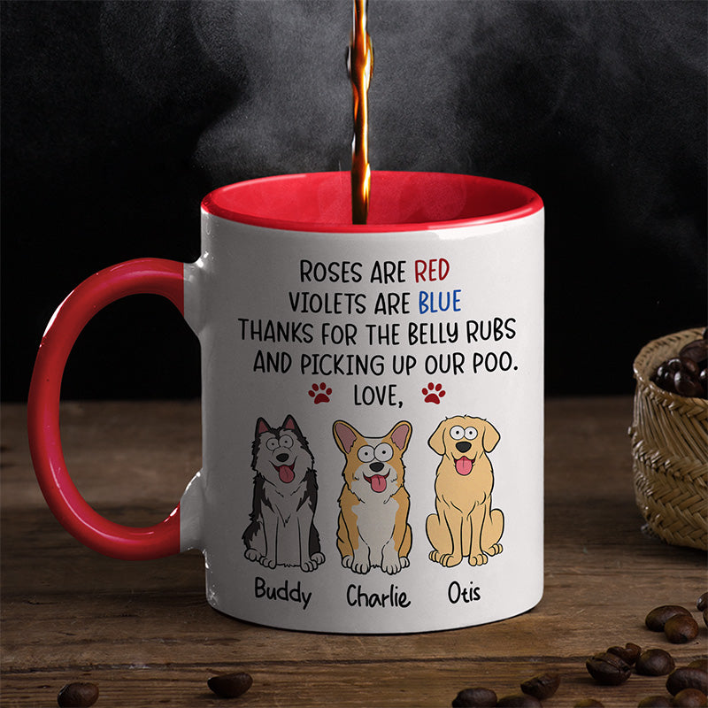 Merci pour les caresses sur le ventre et le ramassage de nos crottes - Mug personnalisé avec accents pour chien - Cadeau de Noël pour les propriétaires d'animaux et les amoureux des animaux