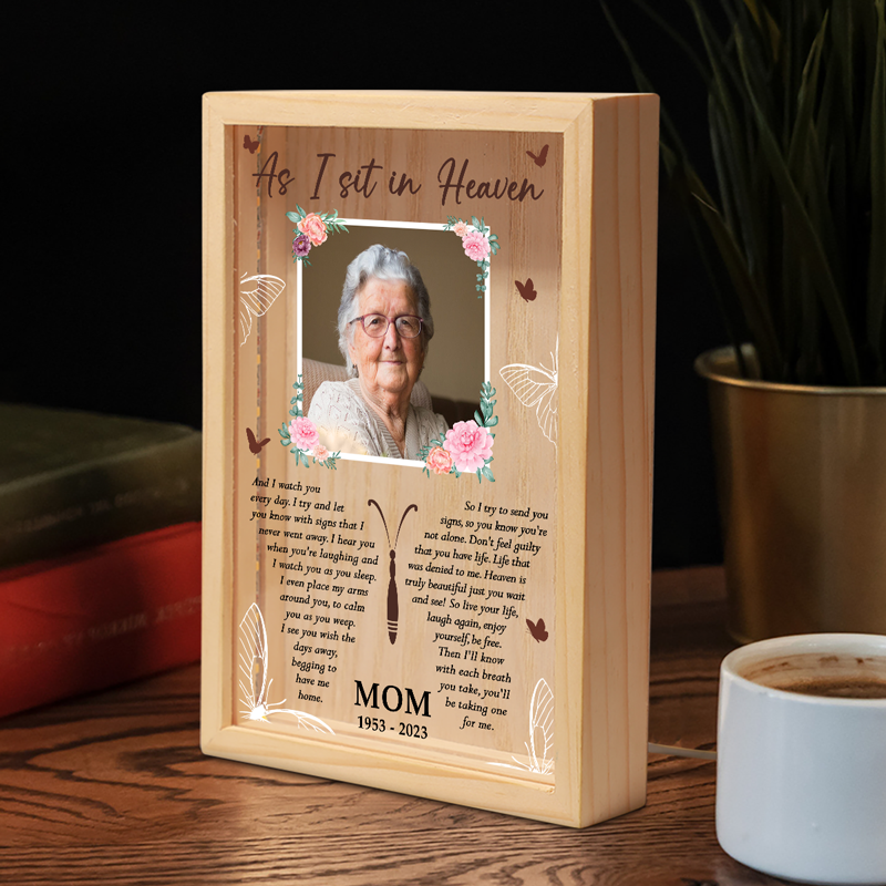 Photo personnalisée « Je te regarde, je t'entends » - Cadre photo personnalisé commémoratif avec boîte lumineuse - Cadeau de condoléances pour les membres de la famille