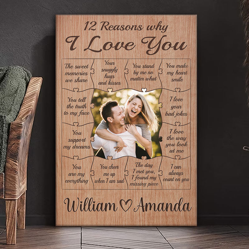 Photo personnalisée 12 raisons pour lesquelles je t'aime - Toile verticale personnalisée pour couple - Cadeau pour mari et femme, anniversaire
