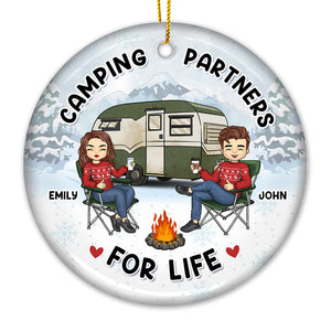 The Campfire Is Our Happy Place - Couple Personalized Custom Ornament - Ceramic Round Shaped - Christmas Gift For Husband Wife, Anniversary, Camping Lovers