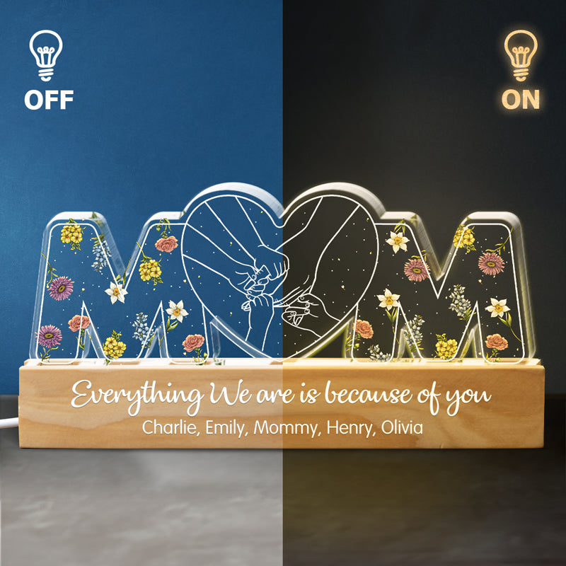 Maman, tout ce que nous sommes, c'est grâce à toi - Veilleuse LED 3D personnalisée en acrylique avec lettres - Cadeau pour la fête des mères, maman, grand-mère