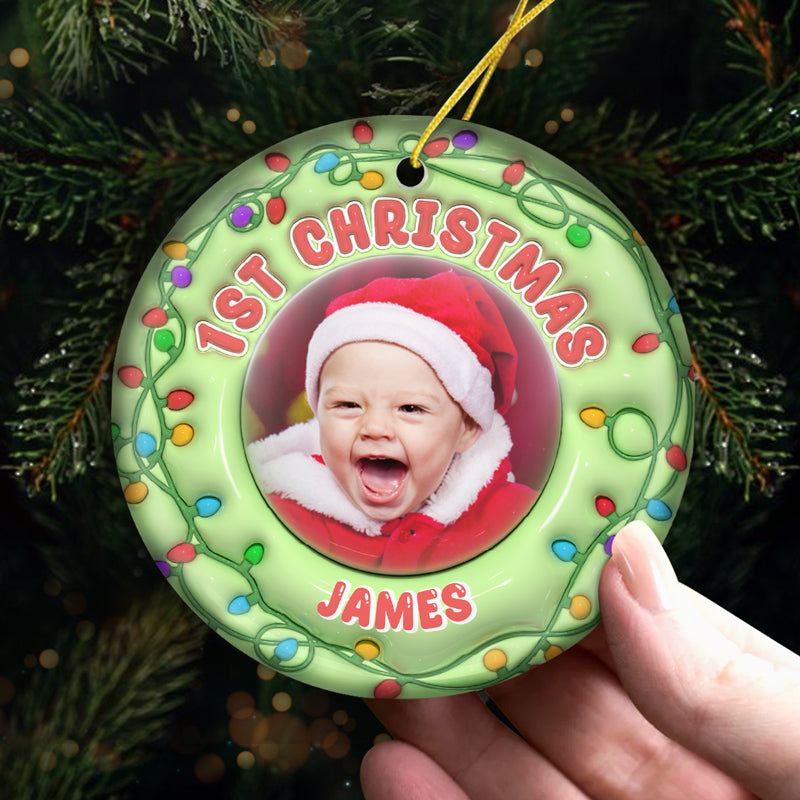 Photo personnalisée Joyeux Noël bébé - Ornement personnalisé familial personnalisé - Forme ronde en céramique - Premier cadeau de Noël pour bébé