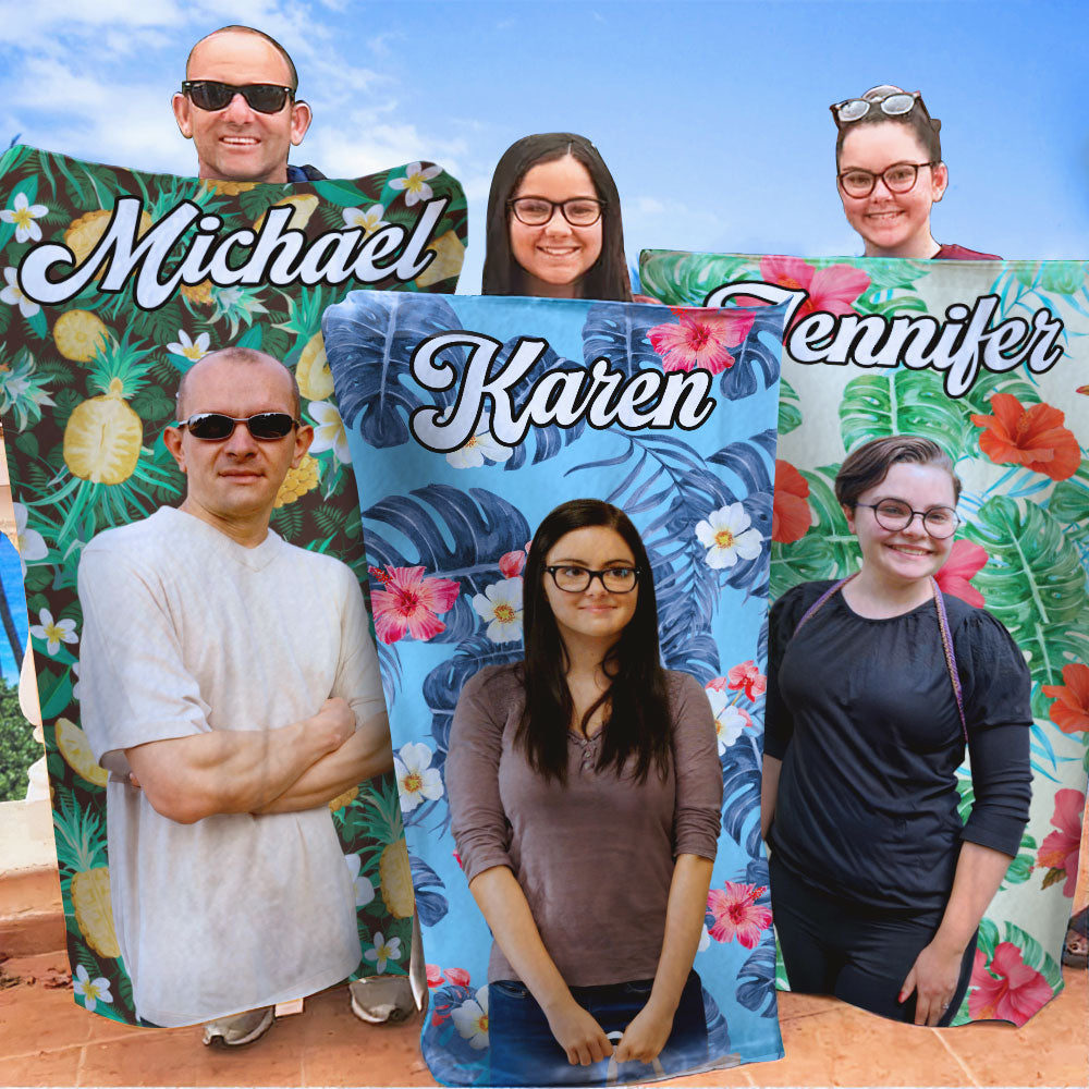 Serviette de plage personnalisée avec photo « État de bonheur tropical » pour chien et chat – Cadeau idéal pour les vacances d'été, les familles, les propriétaires d'animaux et les amoureux des animaux.