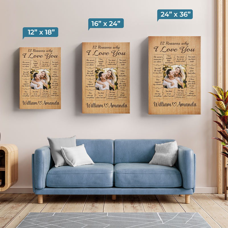 Photo personnalisée 12 raisons pour lesquelles je t'aime - Toile verticale personnalisée pour couple - Cadeau pour mari et femme, anniversaire