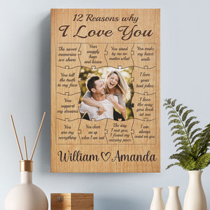 Photo personnalisée 12 raisons pour lesquelles je t'aime - Toile verticale personnalisée pour couple - Cadeau pour mari et femme, anniversaire