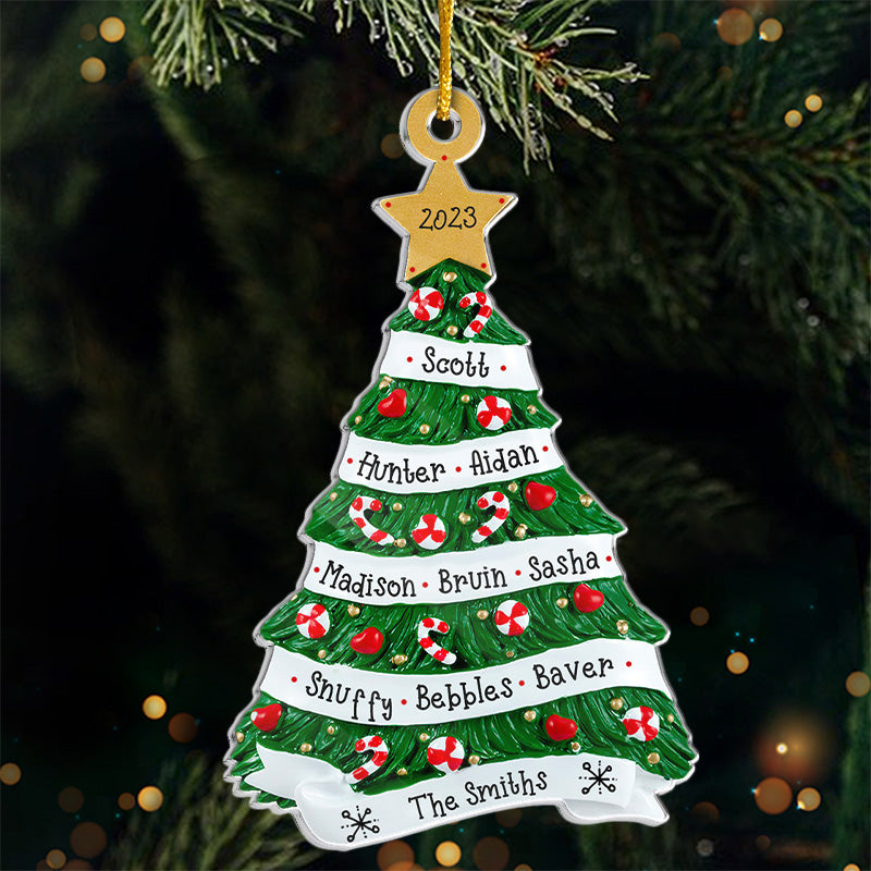 Notre chaleur et notre bonheur - Ornement personnalisé pour la famille - En acrylique en forme de sapin de Noël - Cadeau de Noël pour les membres de la famille