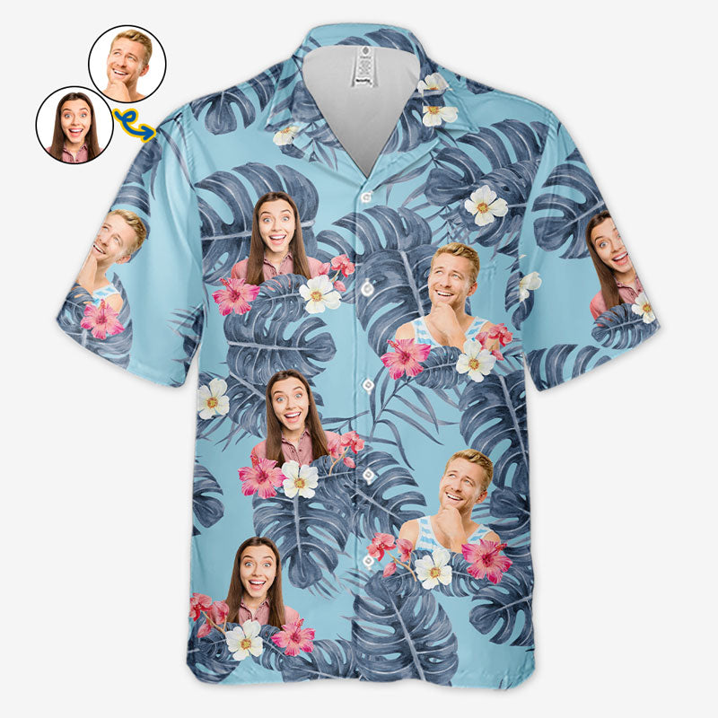 T-shirt hawaïen unisexe personnalisé avec photo et feuilles tropicales - Cadeau pour couple