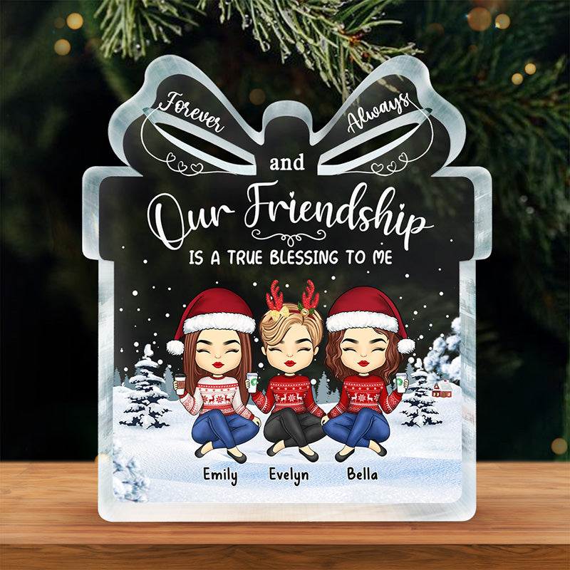 Notre amitié est une véritable bénédiction - Plaque acrylique personnalisée en forme de boîte-cadeau pour meilleure amie - Cadeau de Noël pour meilleures amies, meilleures amies, sœurs