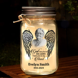 Photo personnalisée Dieu vous tient dans ses bras - Lampe commémorative personnalisée en pot Mason - Cadeau de condoléances pour les membres de la famille