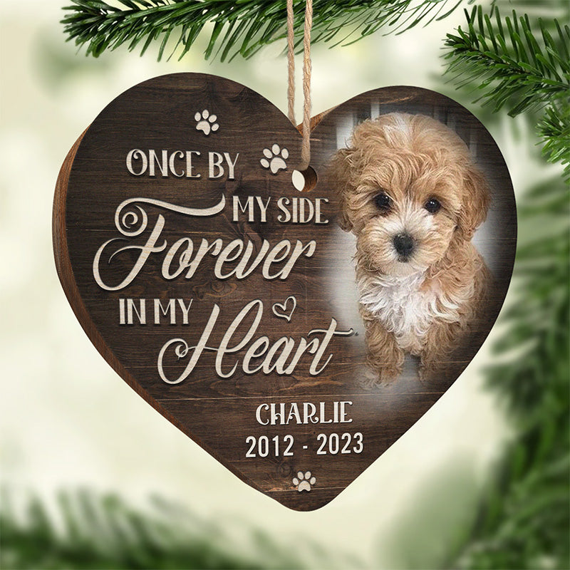 Photo personnalisée « Pour toujours dans mon cœur » – Ornement commémoratif personnalisé en bois en forme de cœur – Cadeau de Noël, cadeau de condoléances, cadeau pour les propriétaires d'animaux et les amoureux des animaux