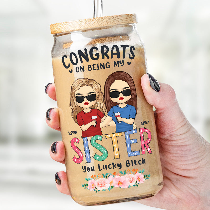 Félicitations pour être devenue ma sœur ! Tasse en verre personnalisée, tasse à café glacé, cadeau pour meilleures amies, meilleures amies, sœurs