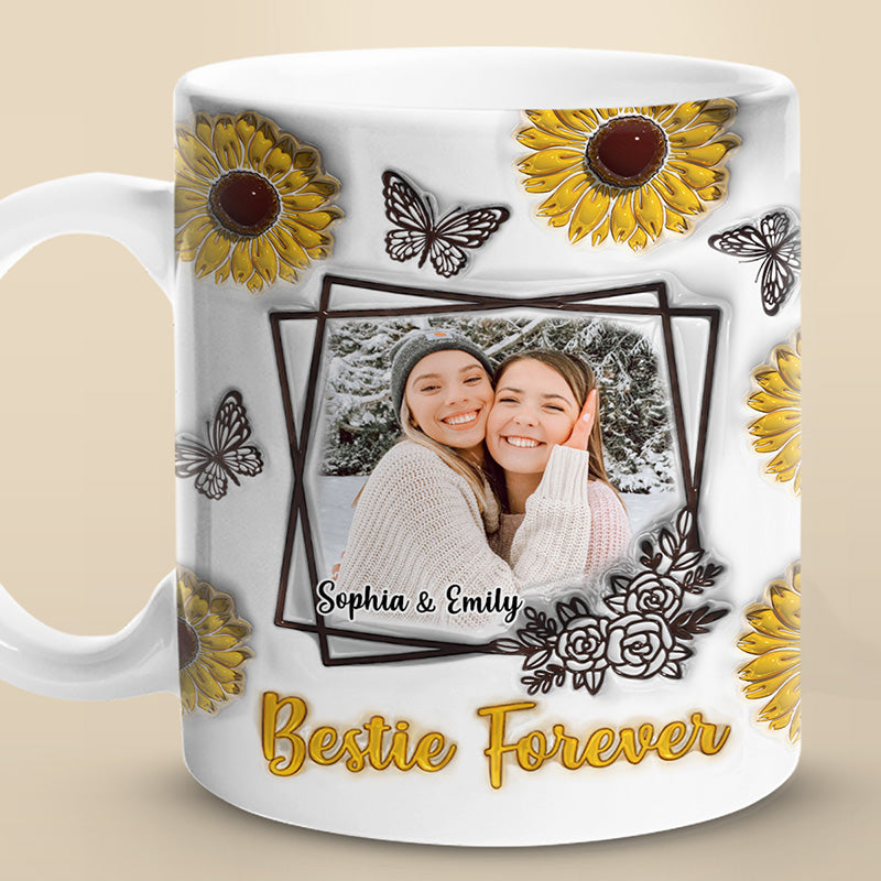 Mug photo personnalisé « Besties Forever » - Mug personnalisé avec effet gonflable 3D - Cadeau pour meilleures amies, meilleures amies, sœurs