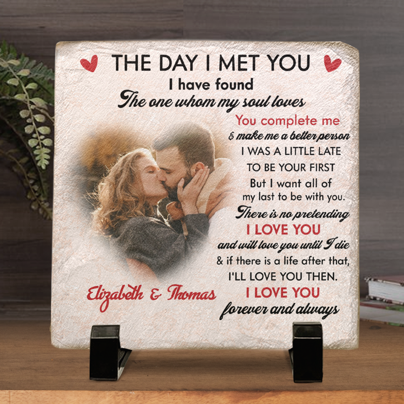 Photo personnalisée « Le jour où je t'ai rencontré » - Pierre carrée personnalisée avec support pour couple - Cadeau pour mari et femme, anniversaire