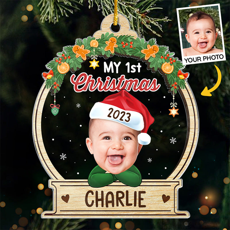 Photo personnalisée Hello World - Décoration personnalisée pour la famille - Boule à neige en acrylique - Cadeau de Noël pour bébé, enfant et nouveau-né