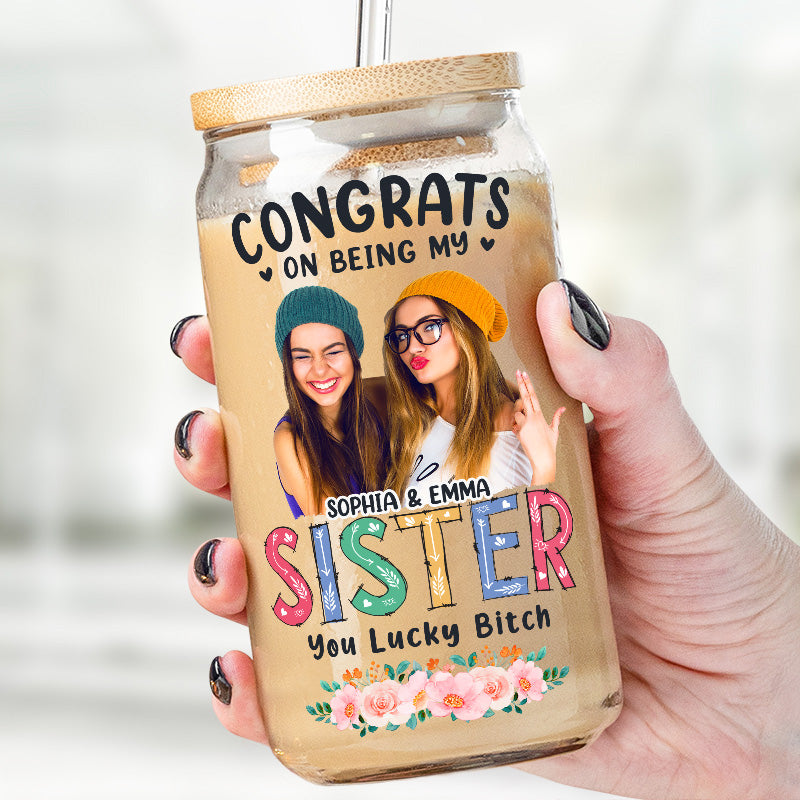 Tasse en verre personnalisée « Félicitations pour être ma meilleure amie » ; tasse à café glacée personnalisée ; cadeau pour les meilleures amies, les meilleures amies et les sœurs.
