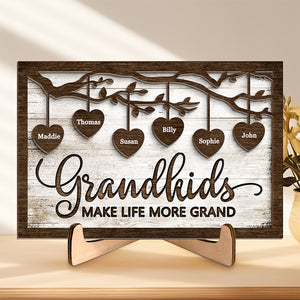J'aime mes petits-enfants - Plaque en bois personnalisée à 2 couches avec support - Cadeau de pendaison de crémaillère pour grand-mère