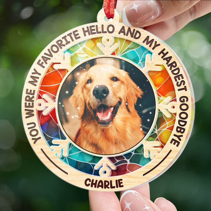 Photo personnalisée « Je ne suis plus à mes côtés, je suis à jamais dans mon cœur » – Ornement attrape-soleil personnalisé commémoratif – Forme ronde en acrylique – Cadeau de condoléances pour les propriétaires d'animaux et les amoureux des animaux