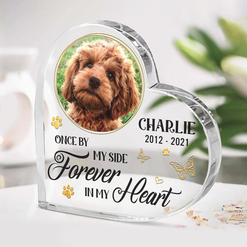 Photo personnalisée « Pour toujours dans mon cœur » – Plaque acrylique commémorative personnalisée en forme de cœur – Cadeau de condoléances, cadeau pour les propriétaires d'animaux et les amoureux des animaux