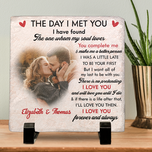 Photo personnalisée « Le jour où je t'ai rencontré » - Pierre carrée personnalisée avec support pour couple - Cadeau pour mari et femme, anniversaire