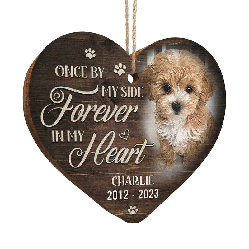 Photo personnalisée « Pour toujours dans mon cœur » – Ornement commémoratif personnalisé en bois en forme de cœur – Cadeau de Noël, cadeau de condoléances, cadeau pour les propriétaires d'animaux et les amoureux des animaux