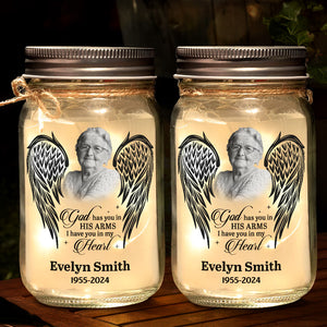 Photo personnalisée Dieu vous tient dans ses bras - Lampe commémorative personnalisée en pot Mason - Cadeau de condoléances pour les membres de la famille