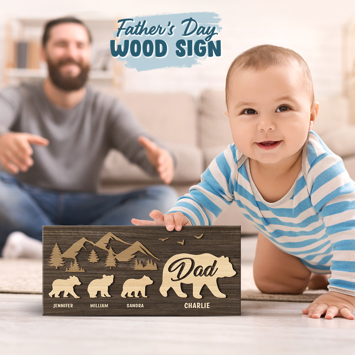 Suivez Papa Ours - Panneau rectangulaire personnalisé en bois pour décoration d'intérieur - Cadeau de pendaison de crémaillère pour papa