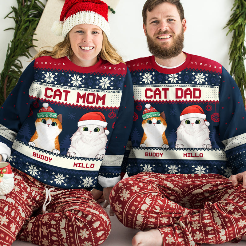 Joyeux Noël, papa chat, maman chat - Sweat-shirt de Noël unisexe personnalisé, sweat-shirt en laine, sweat-shirt imprimé intégral - Cadeau pour les amoureux des chats, les amoureux des animaux, cadeau de Noël