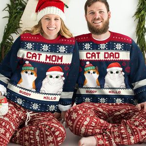 Joyeux Noël, papa chat, maman chat - Sweat-shirt de Noël unisexe personnalisé, sweat-shirt en laine, sweat-shirt imprimé intégral - Cadeau pour les amoureux des chats, les amoureux des animaux, cadeau de Noël