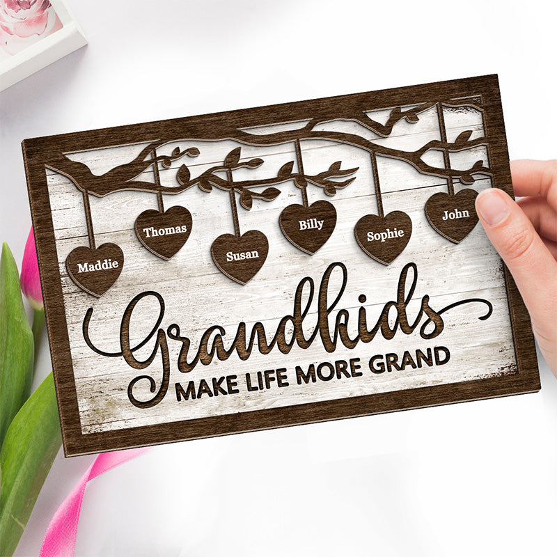 J'aime mes petits-enfants - Plaque en bois personnalisée à 2 couches avec support - Cadeau de pendaison de crémaillère pour grand-mère