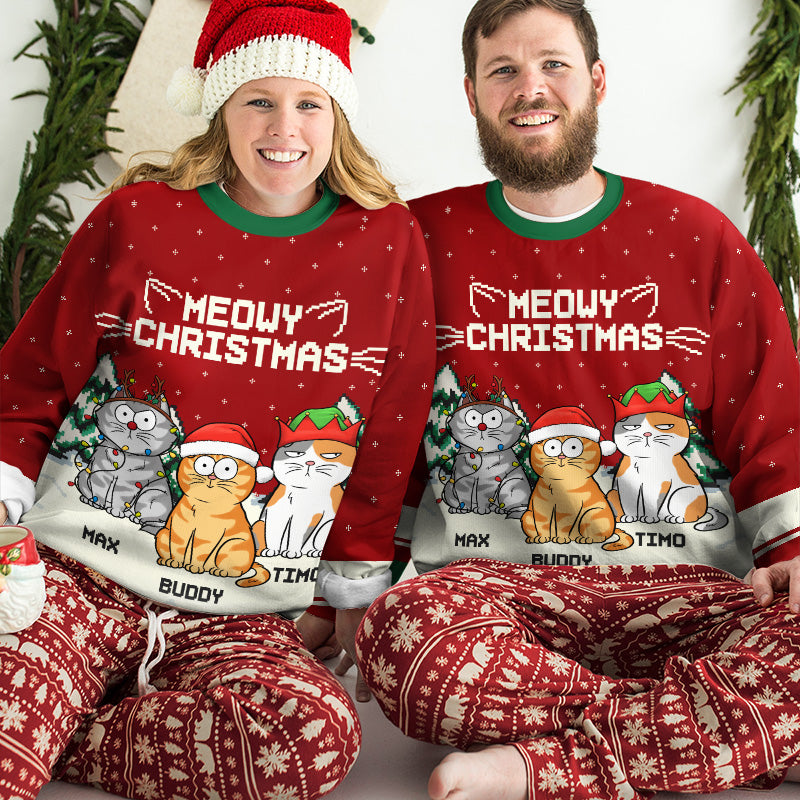 Meowy Catmas - Sweat-shirt personnalisé chat moche - Pull unisexe en laine - Cadeau de Noël pour propriétaires et amoureux des animaux