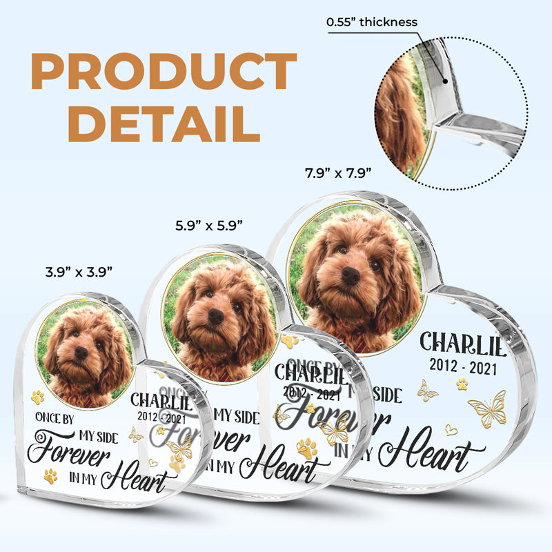 Photo personnalisée « Pour toujours dans mon cœur » – Plaque acrylique commémorative personnalisée en forme de cœur – Cadeau de condoléances, cadeau pour les propriétaires d'animaux et les amoureux des animaux
