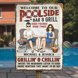 Bienvenue au bar-grill de la piscine - Plaque en métal personnalisée pour couple - Cadeau de pendaison de crémaillère pour mari et femme, anniversaire