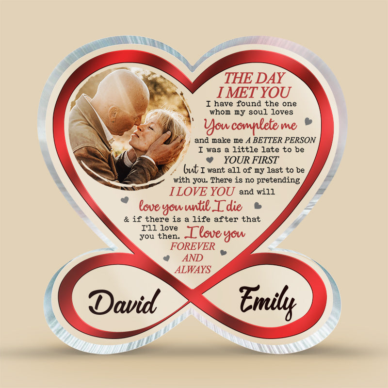 Photo personnalisée « Je veux que tout mon dernier soit avec toi » - Plaque acrylique personnalisée en forme de cœur infini pour couple - Cadeau pour mari et femme, anniversaire