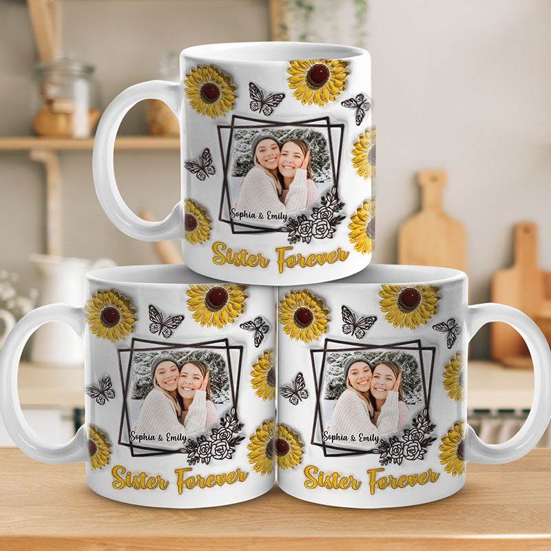 Mug photo personnalisé « Besties Forever » - Mug personnalisé avec effet gonflable 3D - Cadeau pour meilleures amies, meilleures amies, sœurs