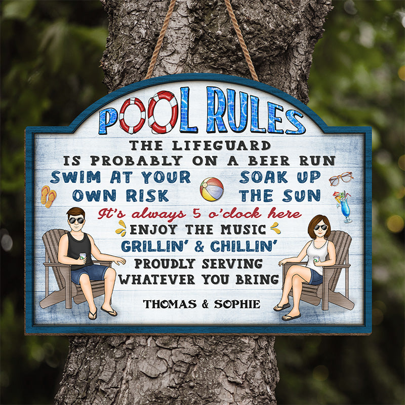 Règles de la piscine Grillin' &amp; Chillin' - Panneau en bois personnalisé pour couple - Cadeau de pendaison de crémaillère pour mari et femme, anniversaire