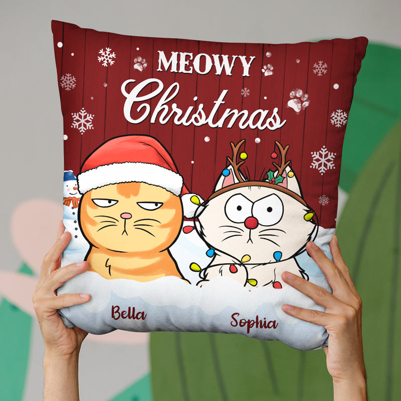Coussin personnalisé « Chat Meowy Christmas » – Cadeau de Noël pour les propriétaires et les amoureux des animaux