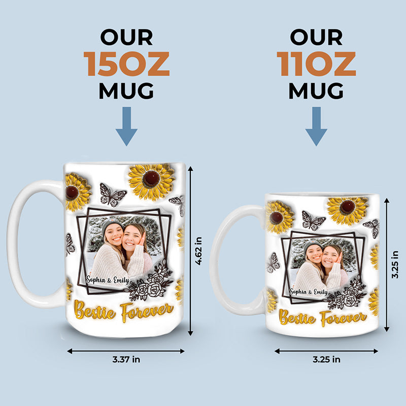Mug photo personnalisé « Besties Forever » - Mug personnalisé avec effet gonflable 3D - Cadeau pour meilleures amies, meilleures amies, sœurs
