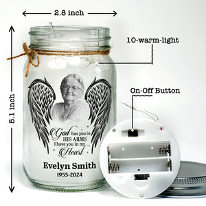 Photo personnalisée Dieu vous tient dans ses bras - Lampe commémorative personnalisée en pot Mason - Cadeau de condoléances pour les membres de la famille