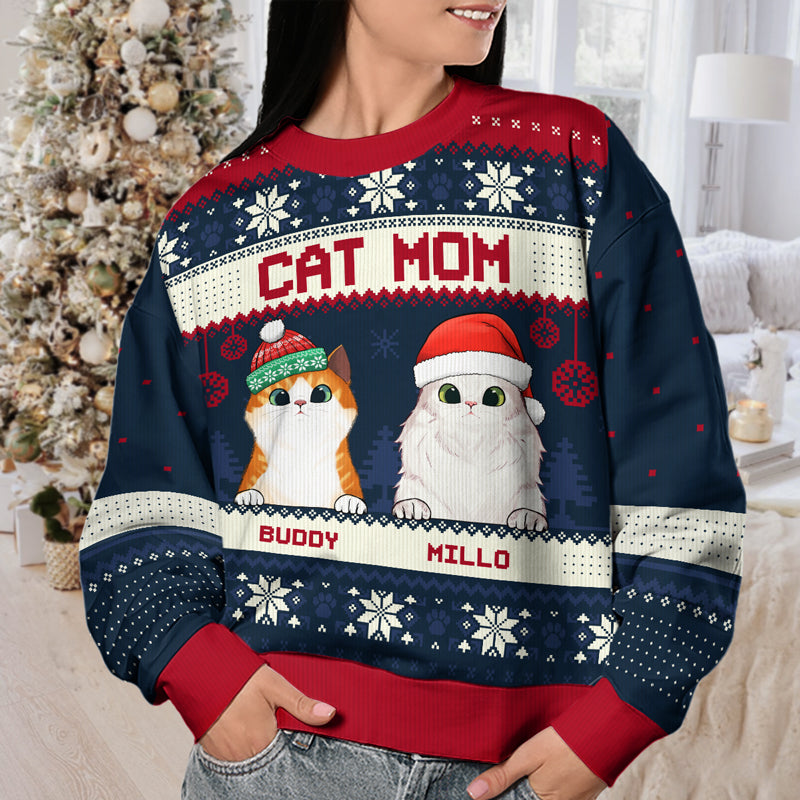 Joyeux Noël, papa chat, maman chat - Sweat-shirt de Noël unisexe personnalisé, sweat-shirt en laine, sweat-shirt imprimé intégral - Cadeau pour les amoureux des chats, les amoureux des animaux, cadeau de Noël