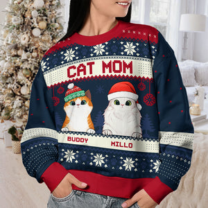 Sweat-shirt de Noël unisexe personnalisé, motif maman et chat, en laine, imprimé intégral, idéal pour les amoureux des chats et des animaux de compagnie. Cadeau idéal pour Noël.