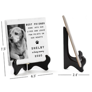 Photo personnalisée : vous laissez des empreintes de pattes sur nos cœurs - Plaque commémorative carrée en céramique personnalisée avec support - Cadeau de condoléances, cadeau pour propriétaires d'animaux et amoureux des animaux